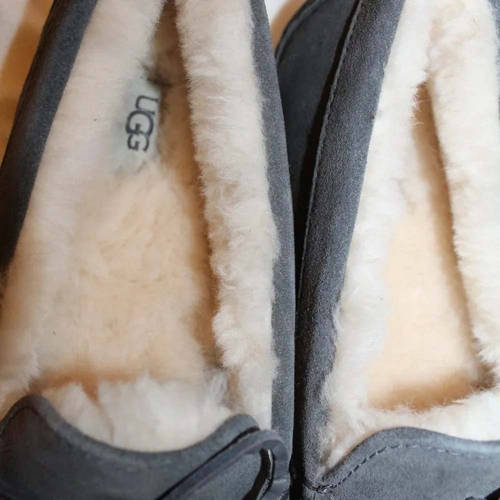 NIB UGG MEN'S‎ SLIP ON SUEDE SHEARLING TIE SLIPPERS GRAY